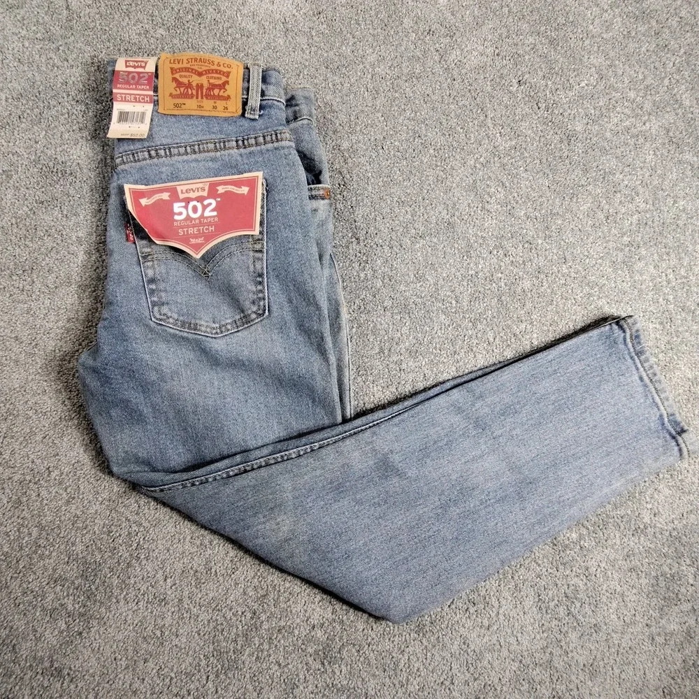Levis Mens 502 Regular Taper Stretch Jeans 30x26 Size 10H Blue Denim Distressed